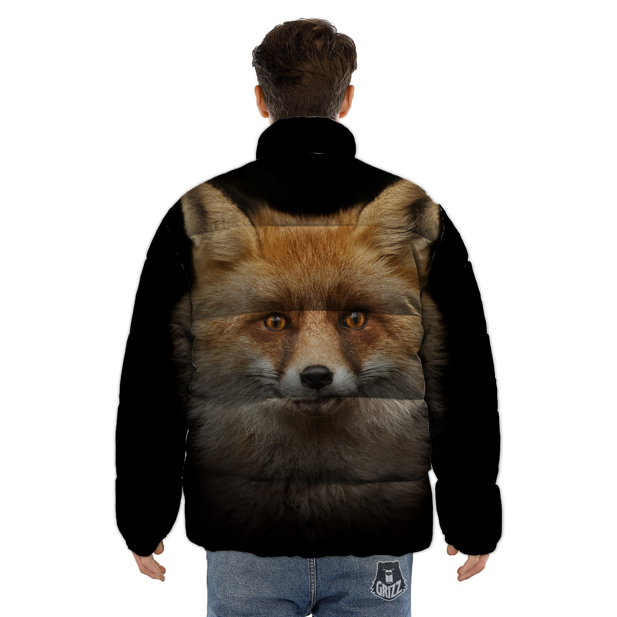 Portrait Head Fox Print Puffer Jacket-grizzshop