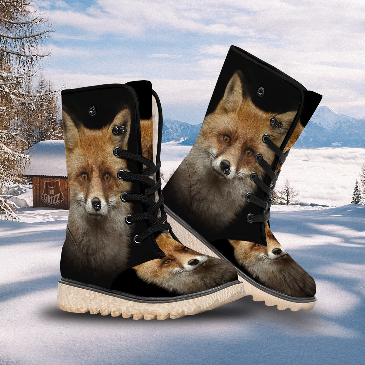 Portrait Head Fox Print Snow Boots-grizzshop