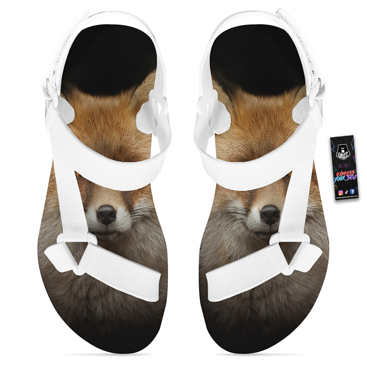 Portrait Head Fox Print White Open Toe Sandals-grizzshop