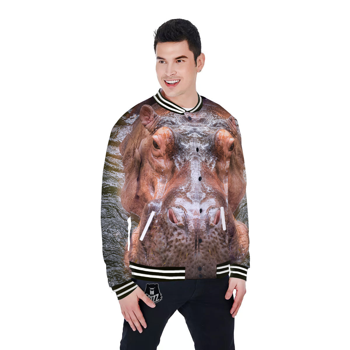 Portrait Hippo Print Baseball Jacket-grizzshop