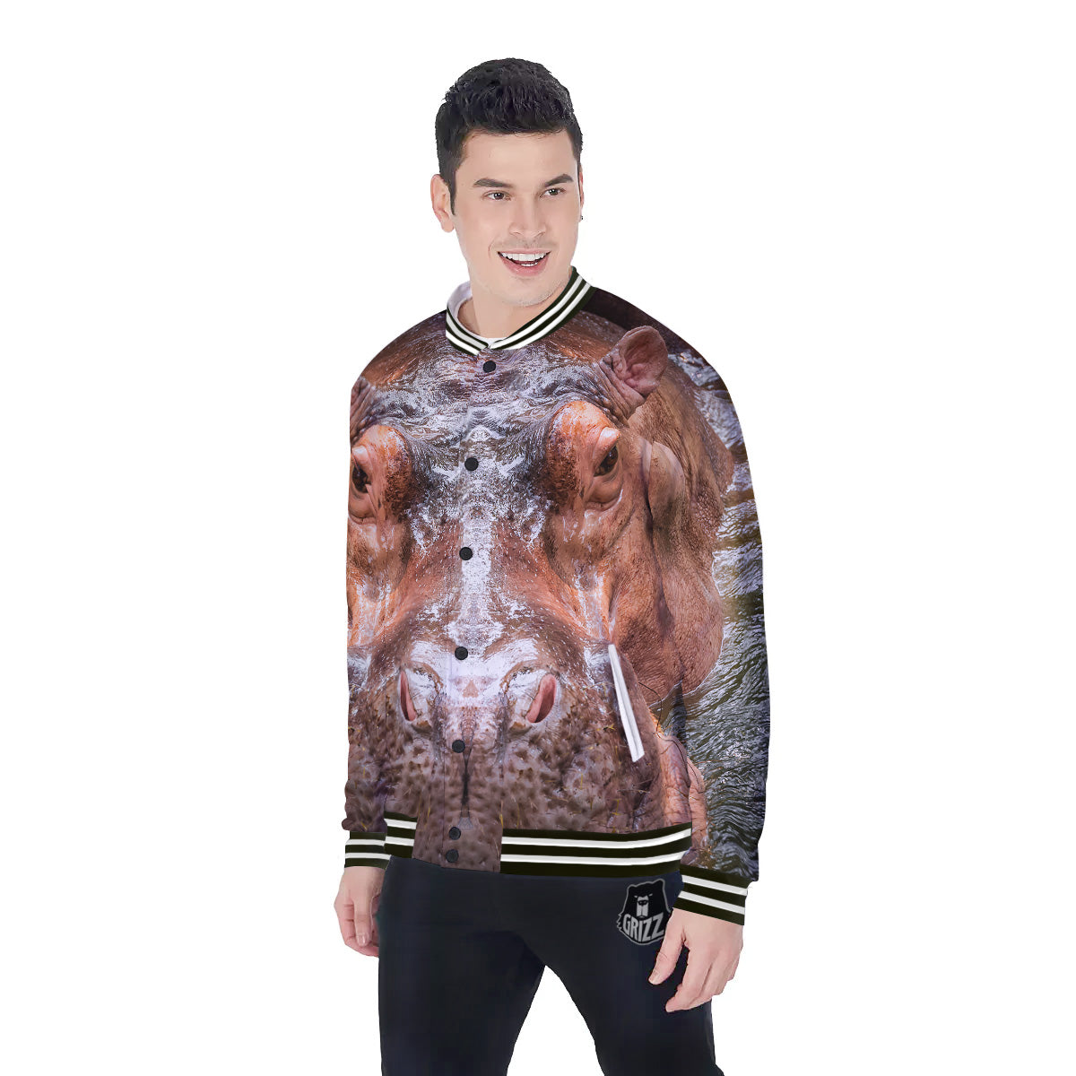 Portrait Hippo Print Baseball Jacket-grizzshop