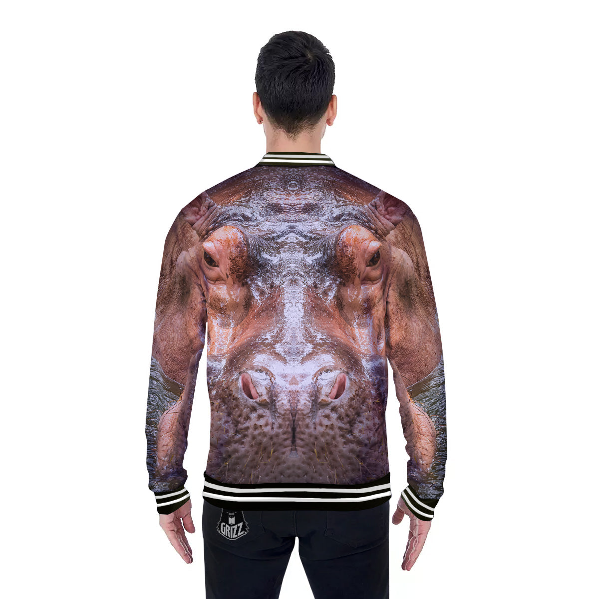 Portrait Hippo Print Baseball Jacket-grizzshop