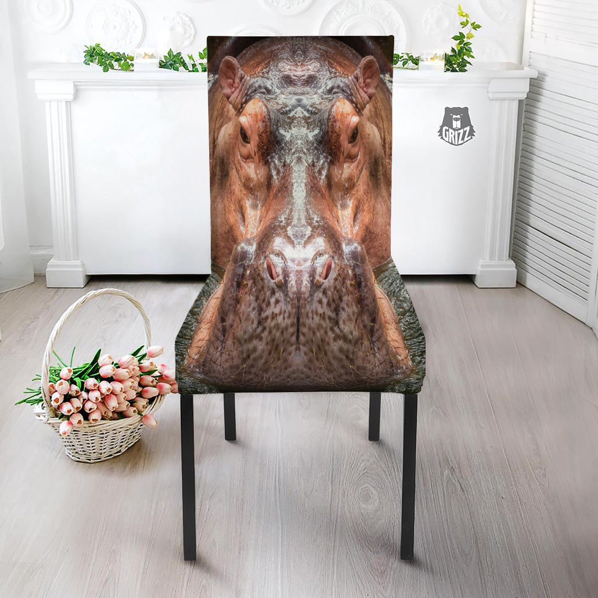 Portrait Hippo Print Dining Chair Slipcover-grizzshop