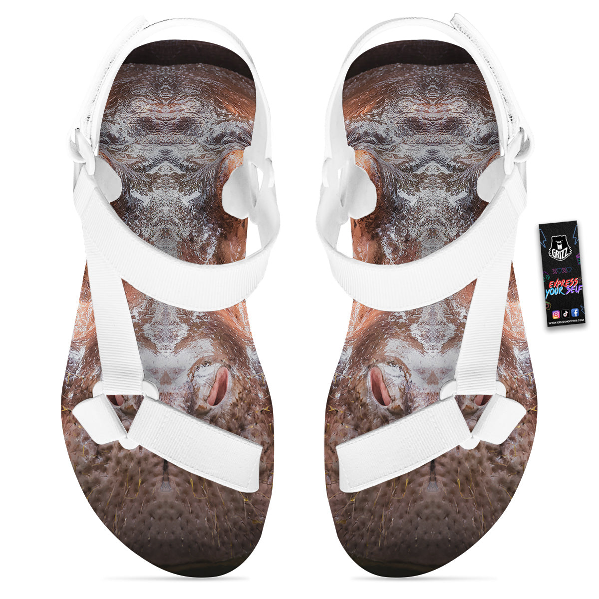 Portrait Hippo Print White Open Toe Sandals-grizzshop