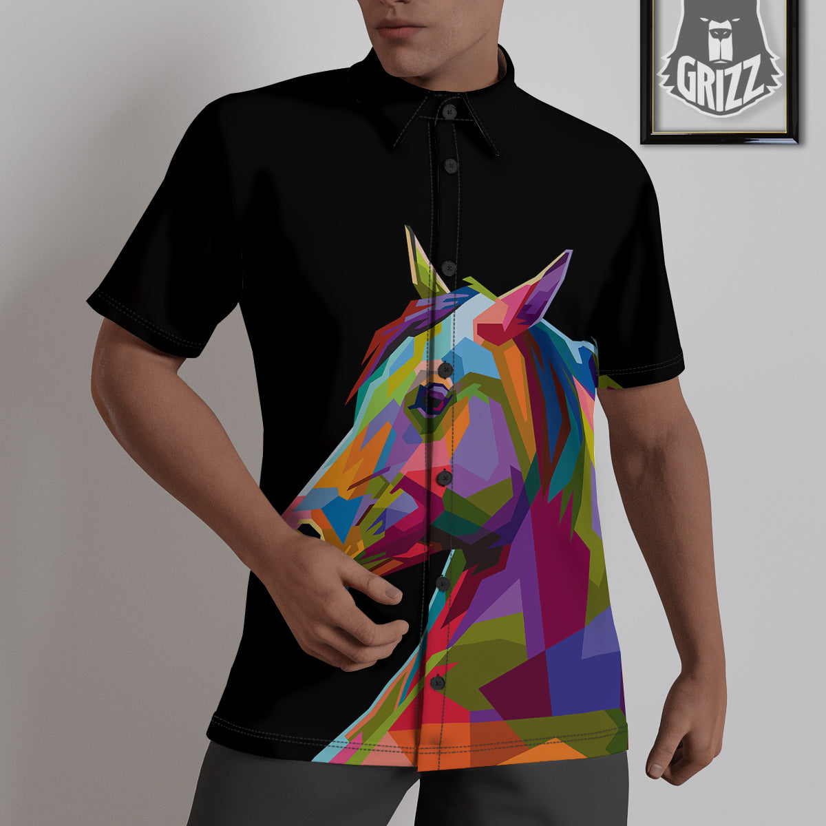 Portrait Horse Colorful Print Untucked Shirts-grizzshop