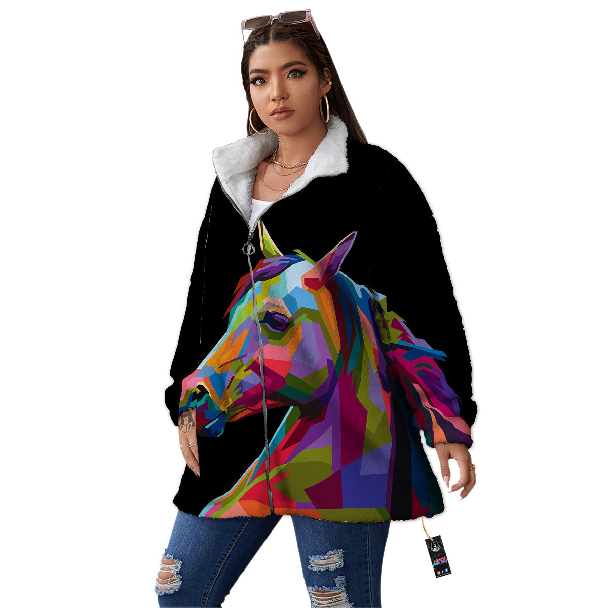 Portrait Horse Colorful Print Women's Sherpa Jacket-grizzshop