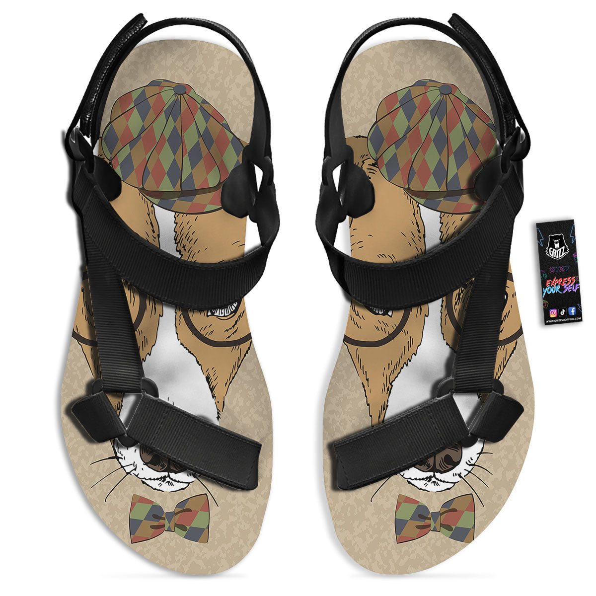 Portrait Jack Russell Terrier Print Black Open Toe Sandals-grizzshop