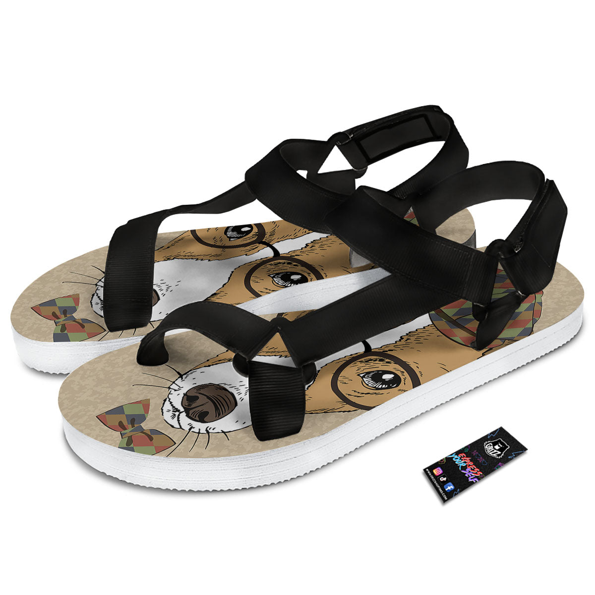Portrait Jack Russell Terrier Print Black Open Toe Sandals-grizzshop