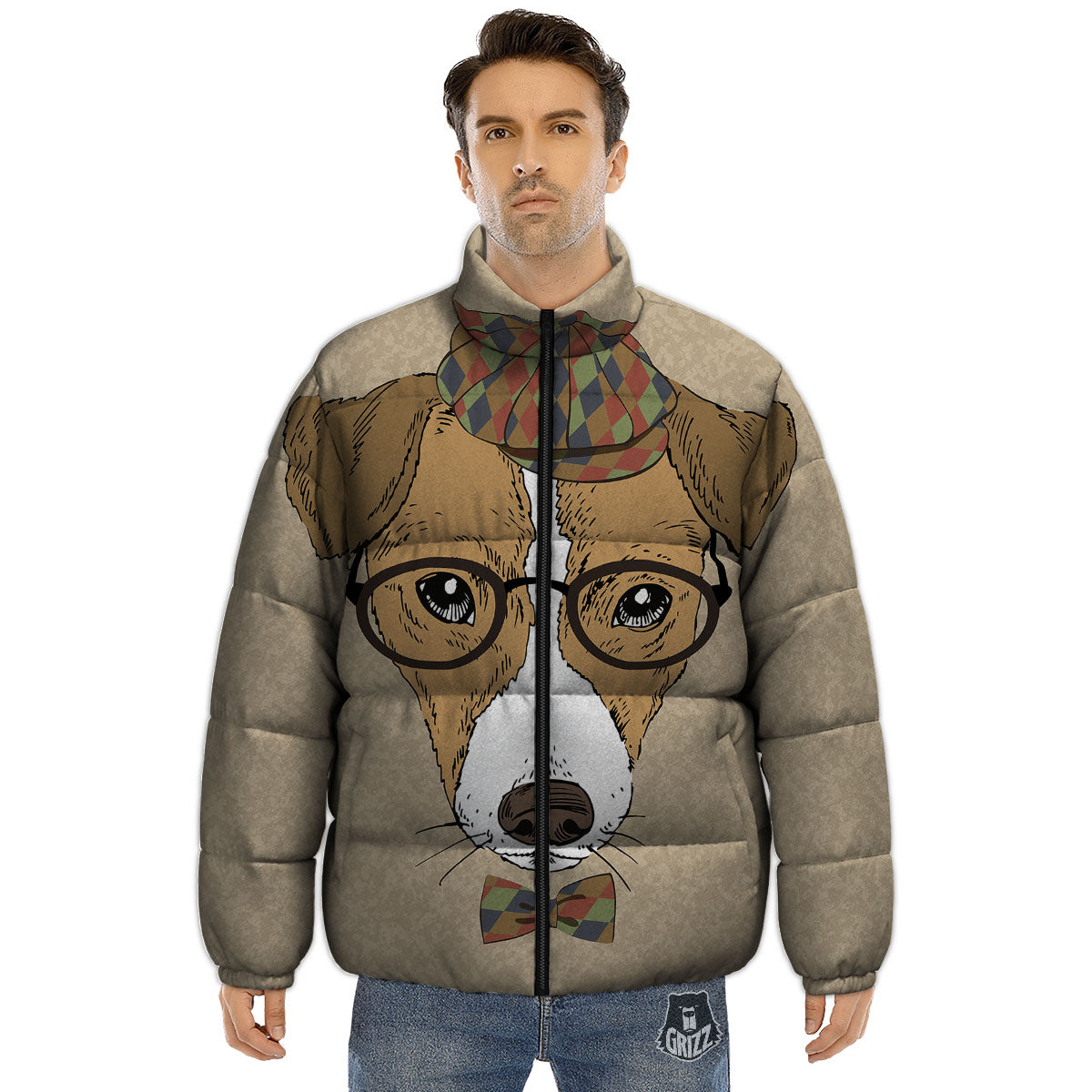 Portrait Jack Russell Terrier Print Puffer Jacket-grizzshop