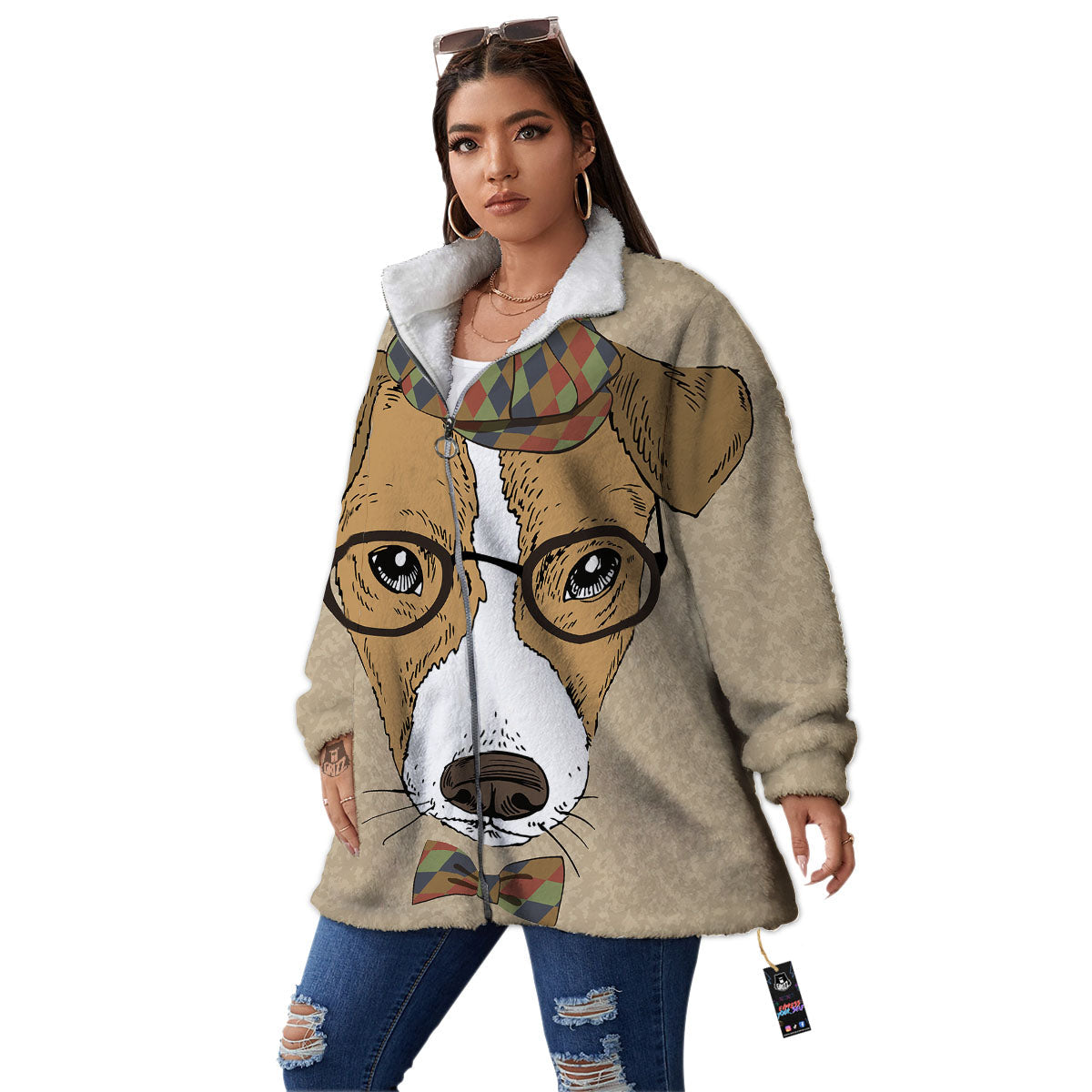 Portrait Jack Russell Terrier Print Women's Sherpa Jacket-grizzshop