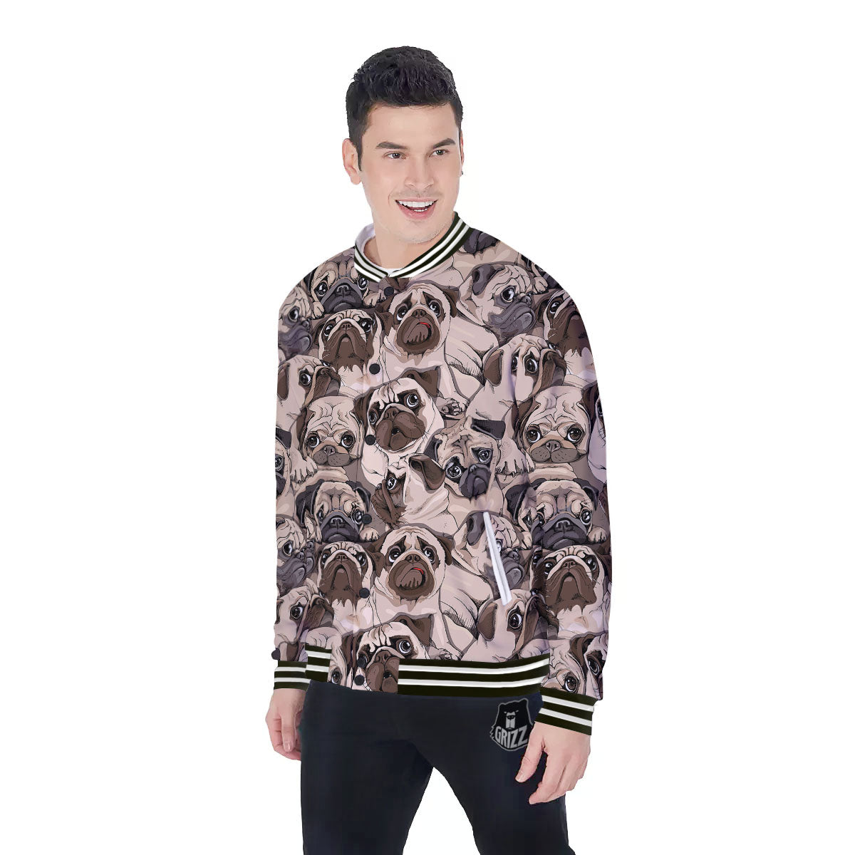 Portrait Pug Vintage Print Pattern Baseball Jacket-grizzshop