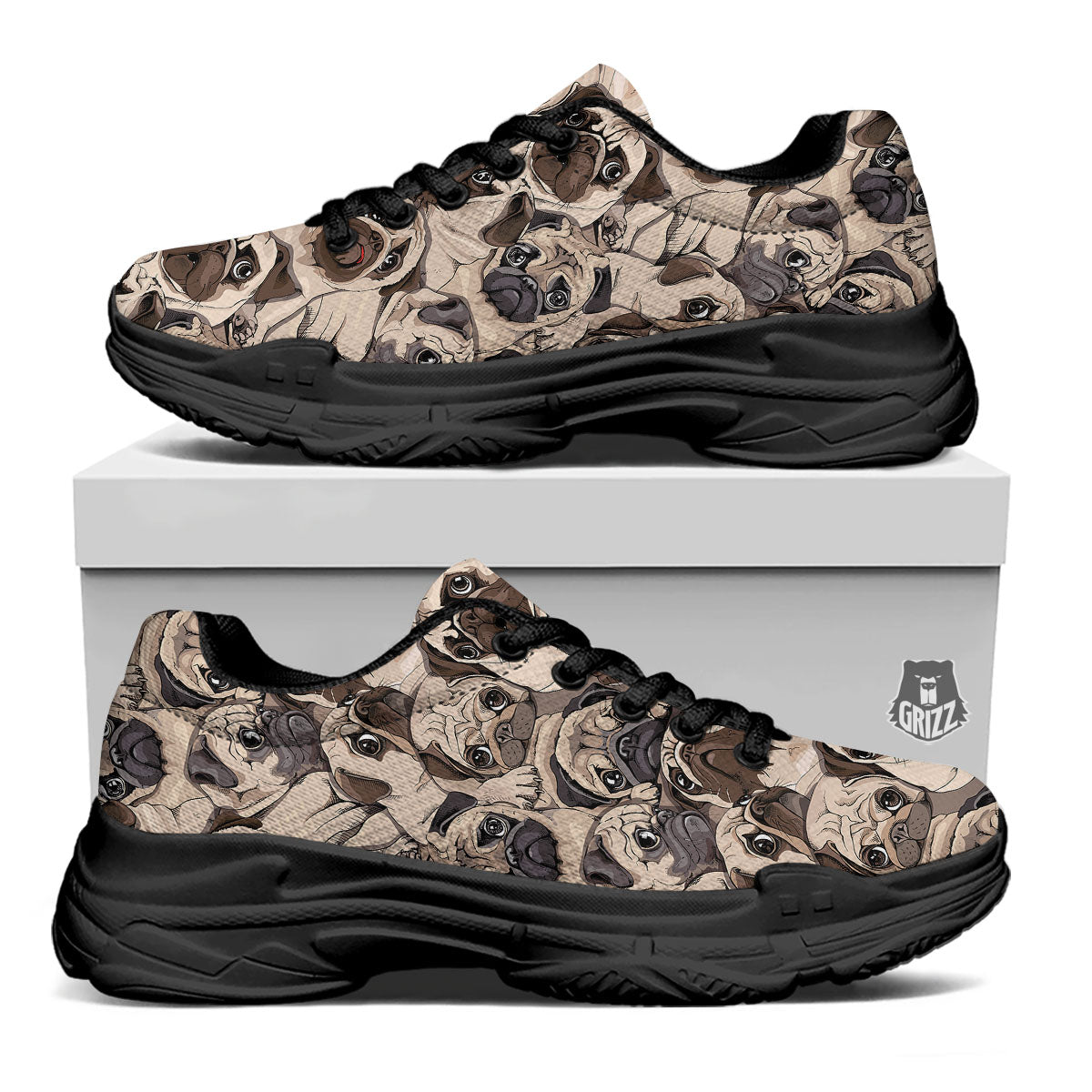 Portrait Pug Vintage Print Pattern Black Chunky Shoes-grizzshop