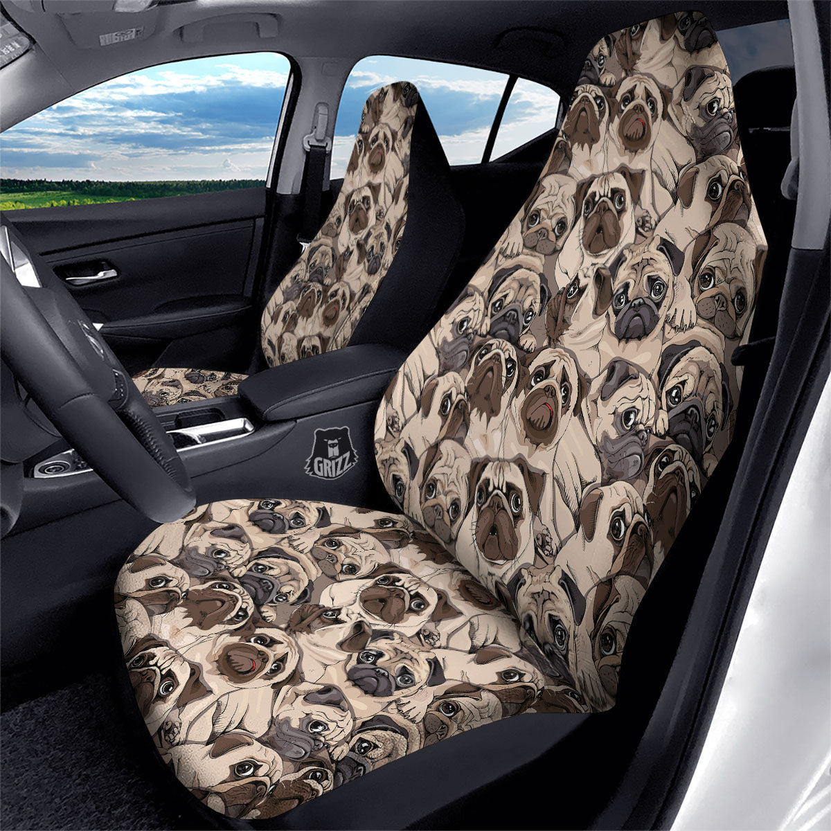 Portrait Pug Vintage Print Pattern Car Seat Covers-grizzshop