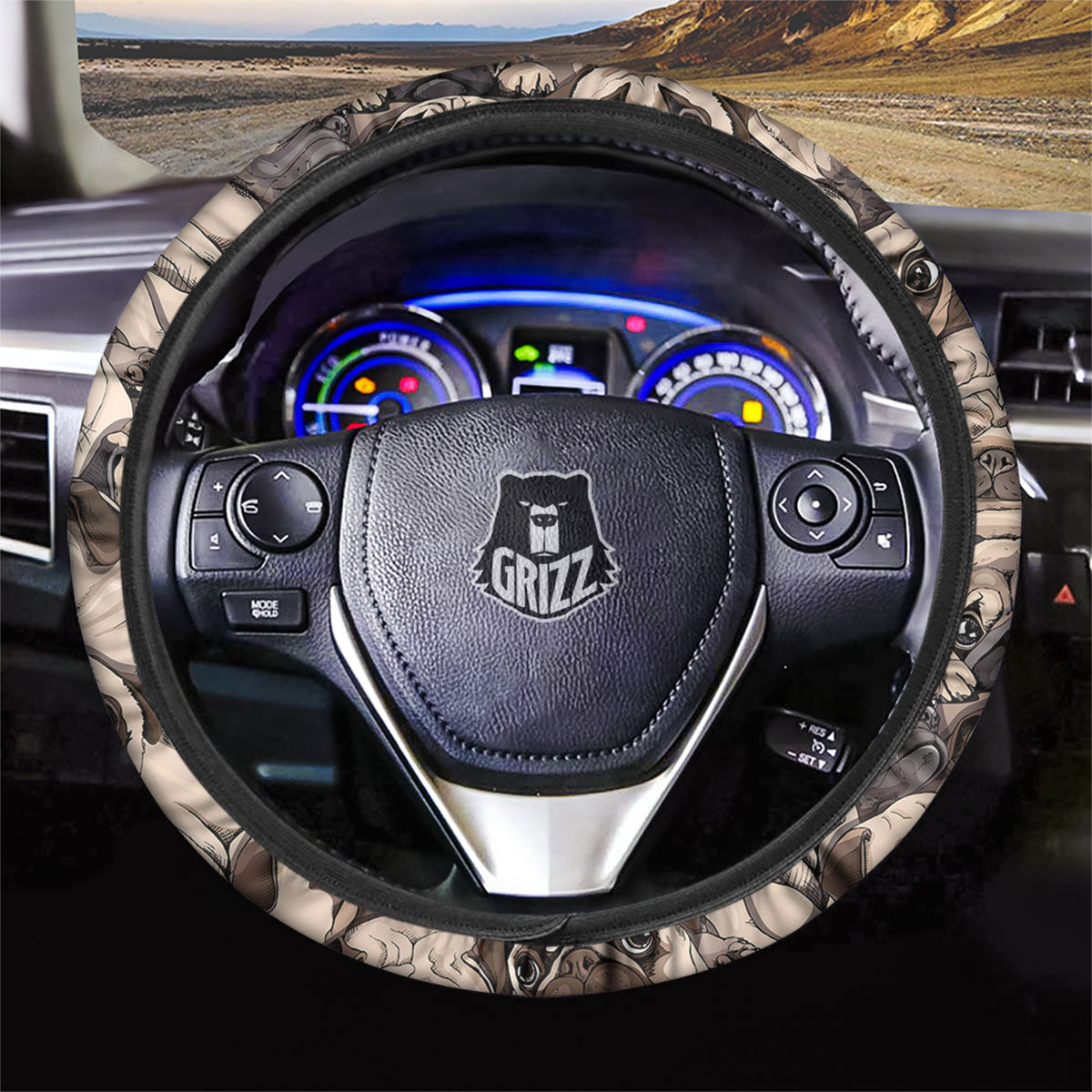 Portrait Pug Vintage Print Pattern Car Steering Wheel Cover-grizzshop