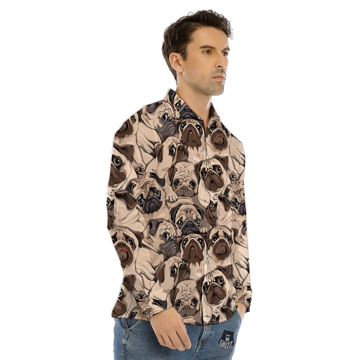 Portrait Pug Vintage Print Pattern Men's Dress Shirts-grizzshop