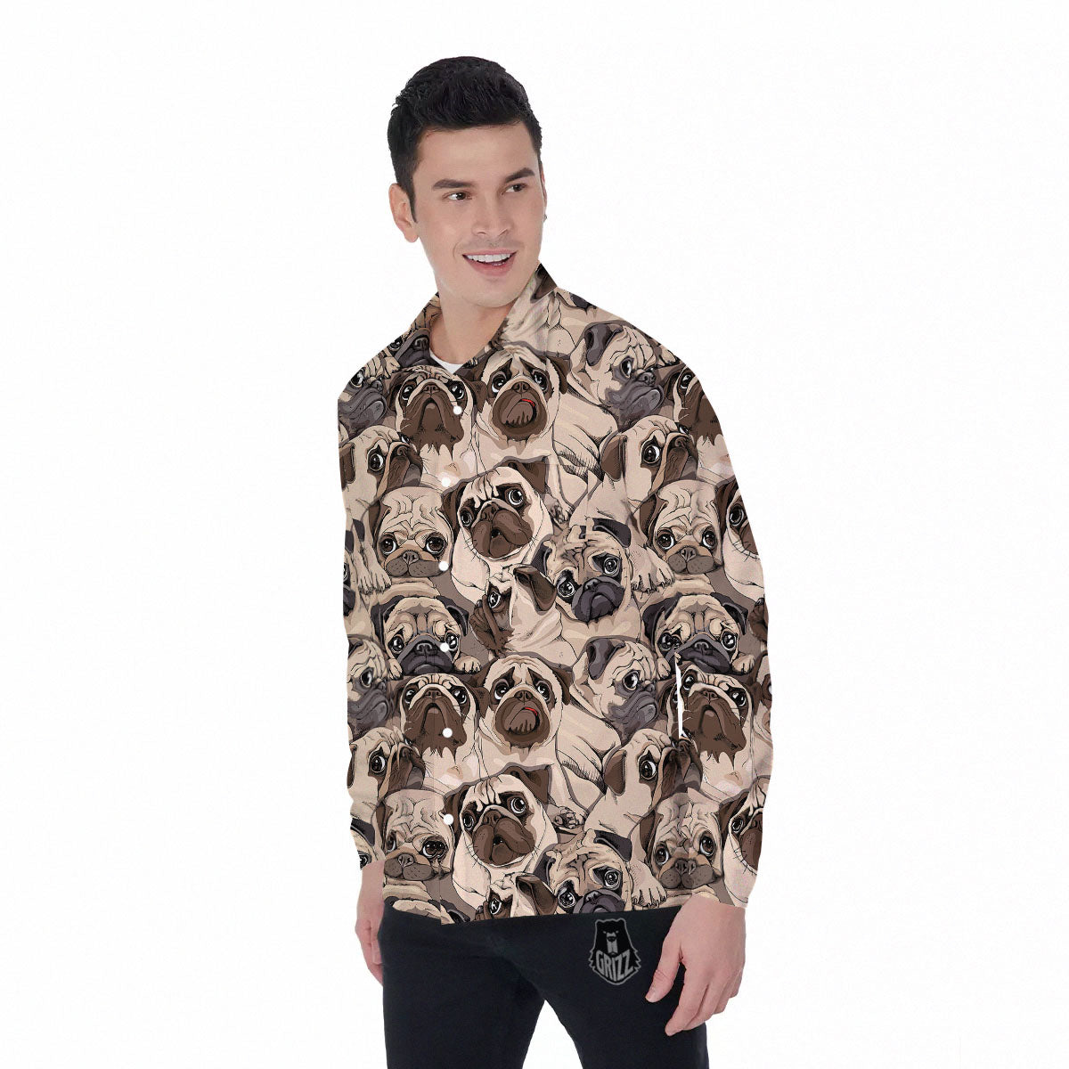 Portrait Pug Vintage Print Pattern Men's Long Sleeve Shirts-grizzshop