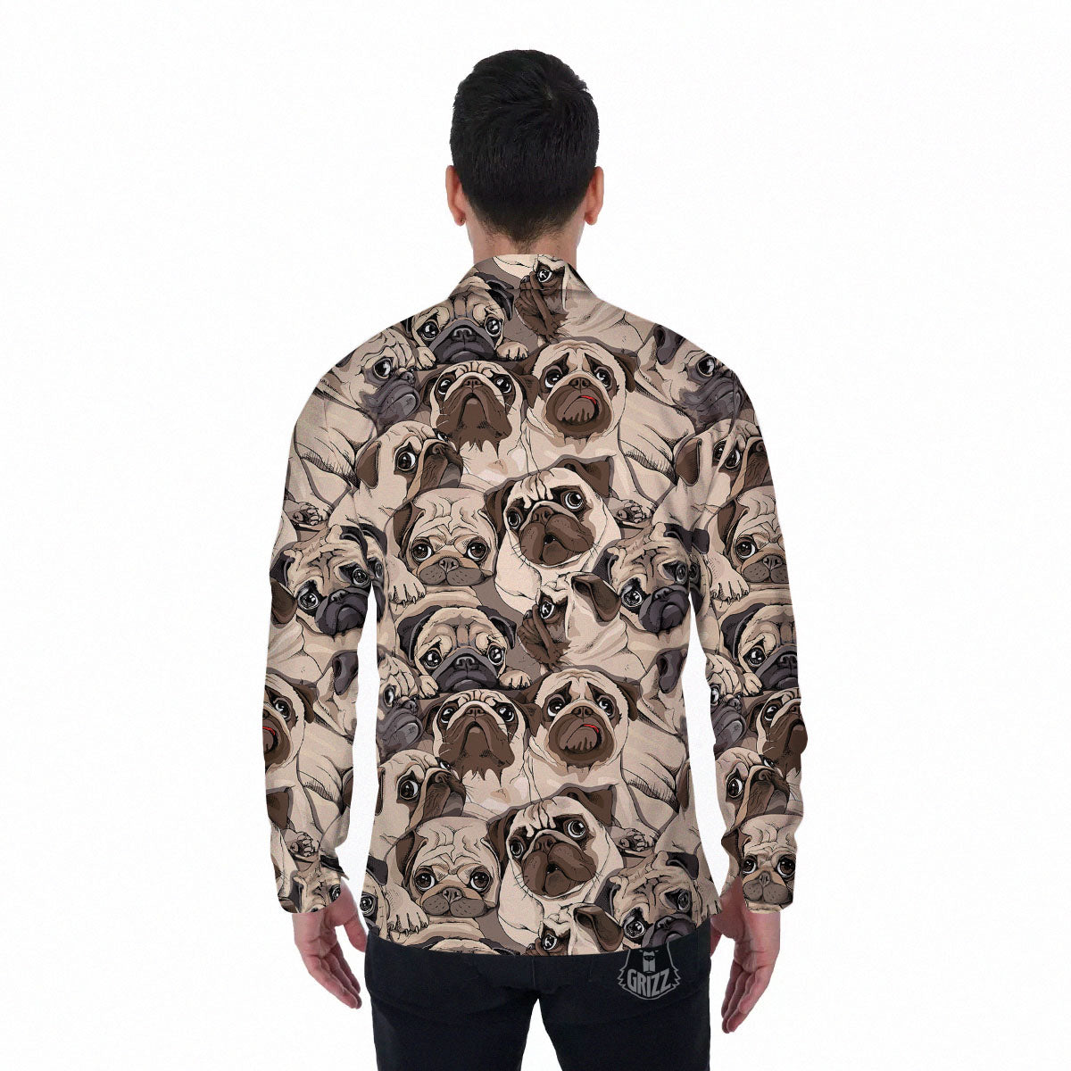 Portrait Pug Vintage Print Pattern Men's Long Sleeve Shirts-grizzshop
