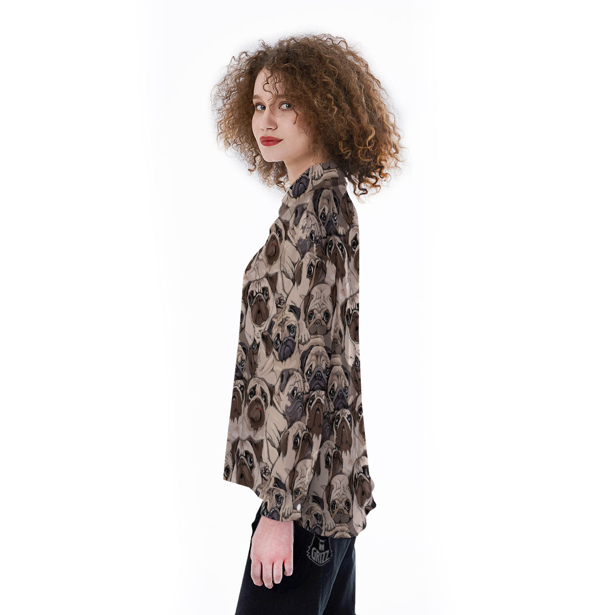 Portrait Pug Vintage Print Pattern Women's Long Sleeve Shirts-grizzshop