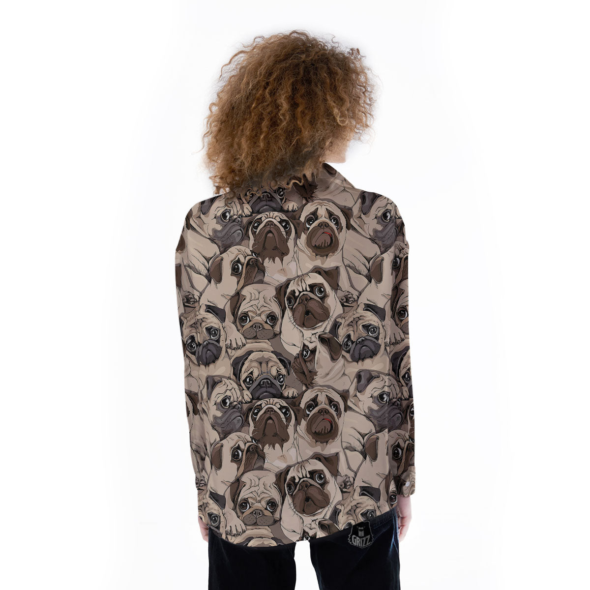 Portrait Pug Vintage Print Pattern Women's Long Sleeve Shirts-grizzshop