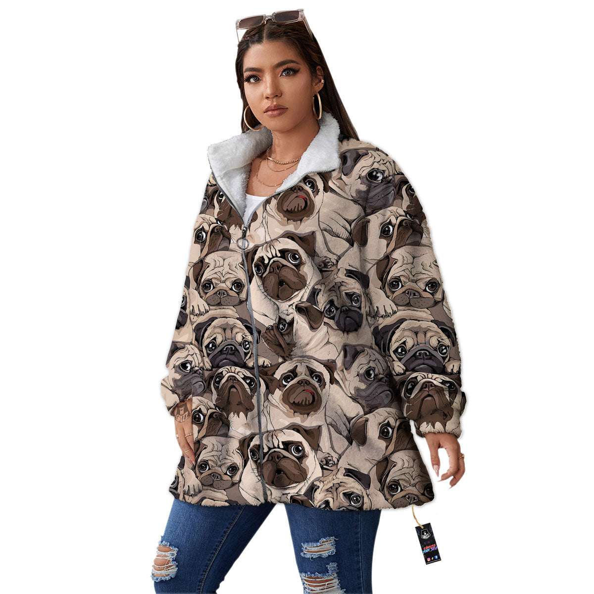 Portrait Pug Vintage Print Pattern Women's Sherpa Jacket-grizzshop