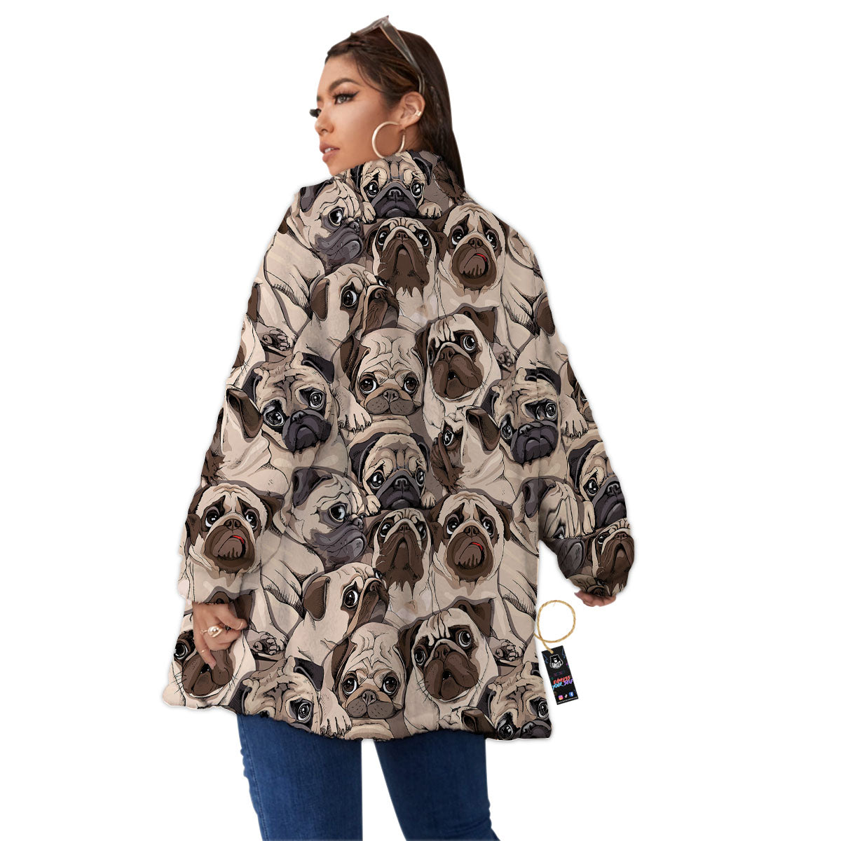 Portrait Pug Vintage Print Pattern Women's Sherpa Jacket-grizzshop