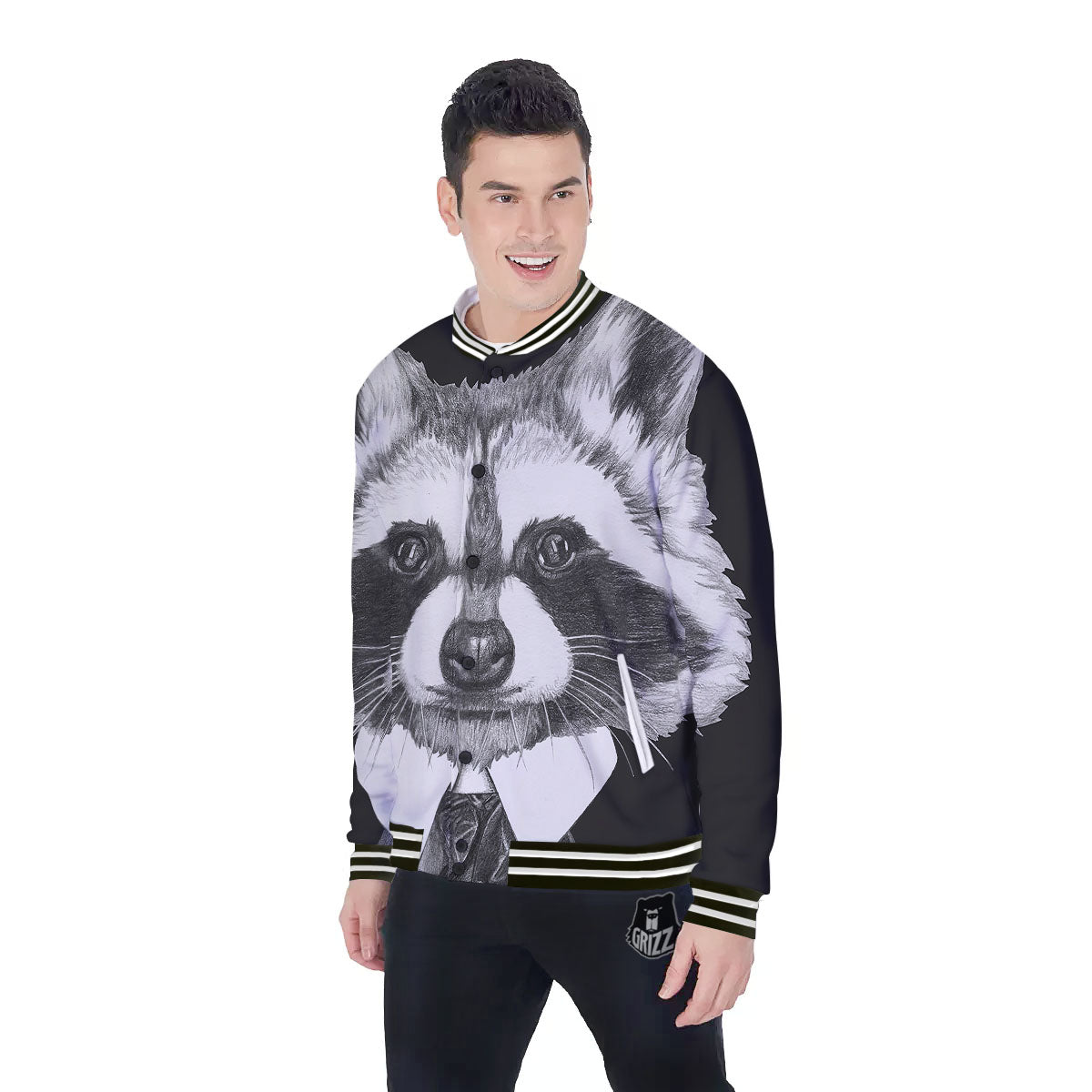 Portrait Raccoon Print Baseball Jacket-grizzshop