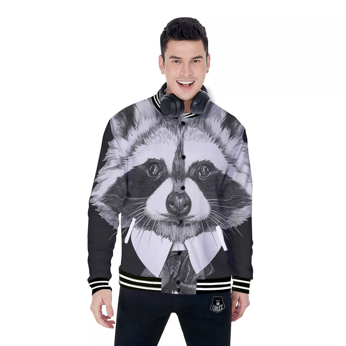 Portrait Raccoon Print Baseball Jacket-grizzshop