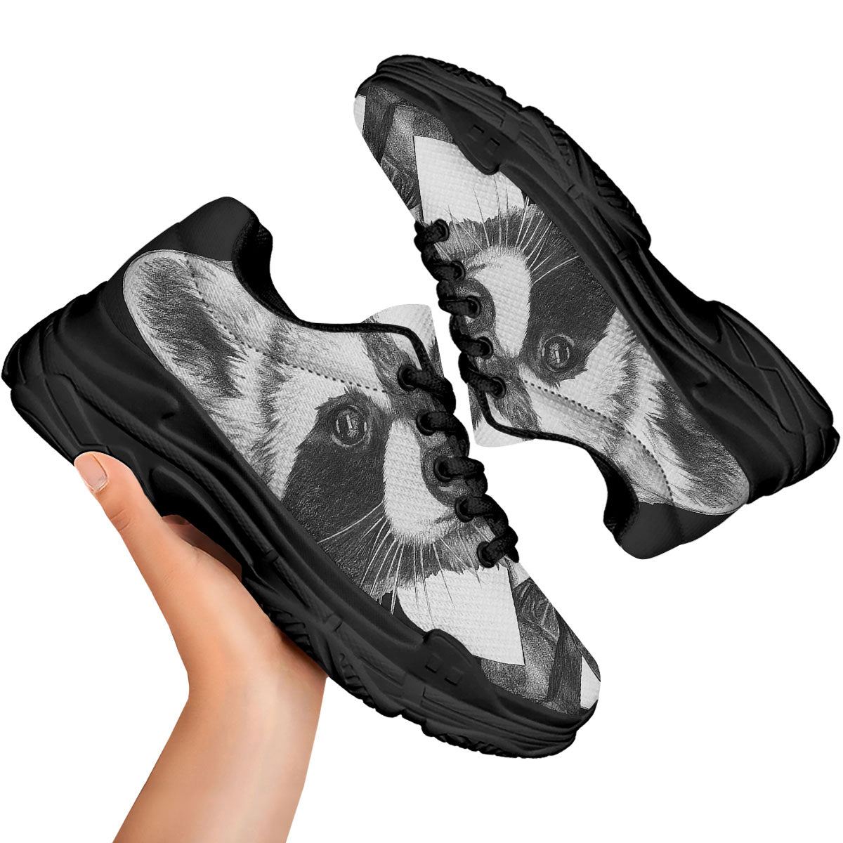 Portrait Raccoon Print Black Chunky Shoes-grizzshop