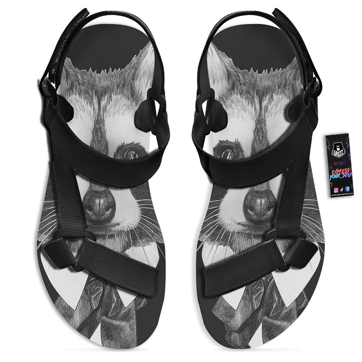 Portrait Raccoon Print Black Open Toe Sandals-grizzshop