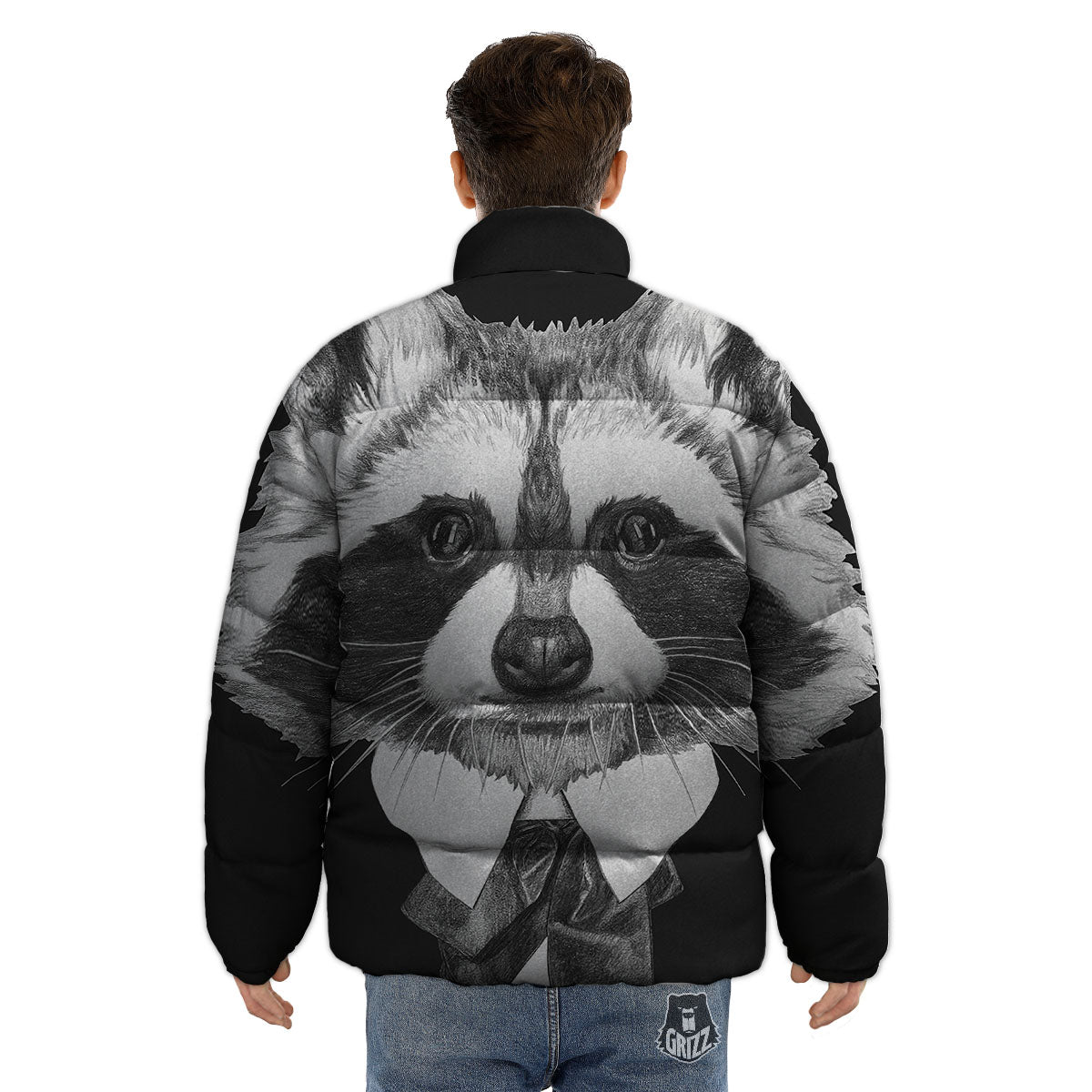 Portrait Raccoon Print Puffer Jacket-grizzshop