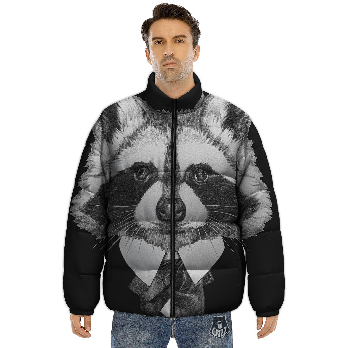 Portrait Raccoon Print Puffer Jacket-grizzshop