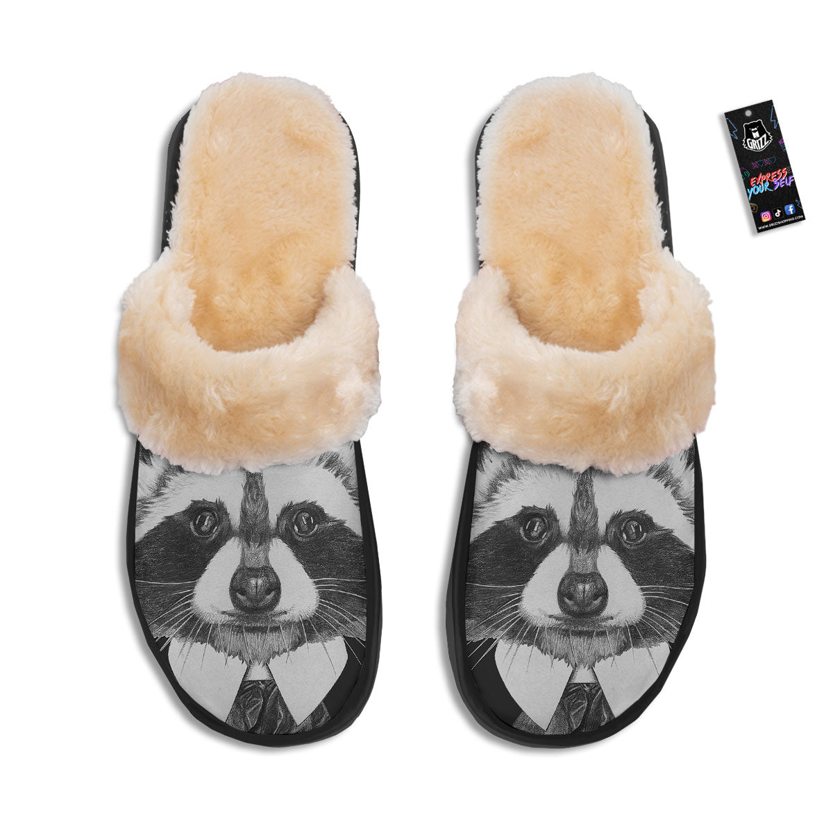Portrait Raccoon Print Slippers-grizzshop