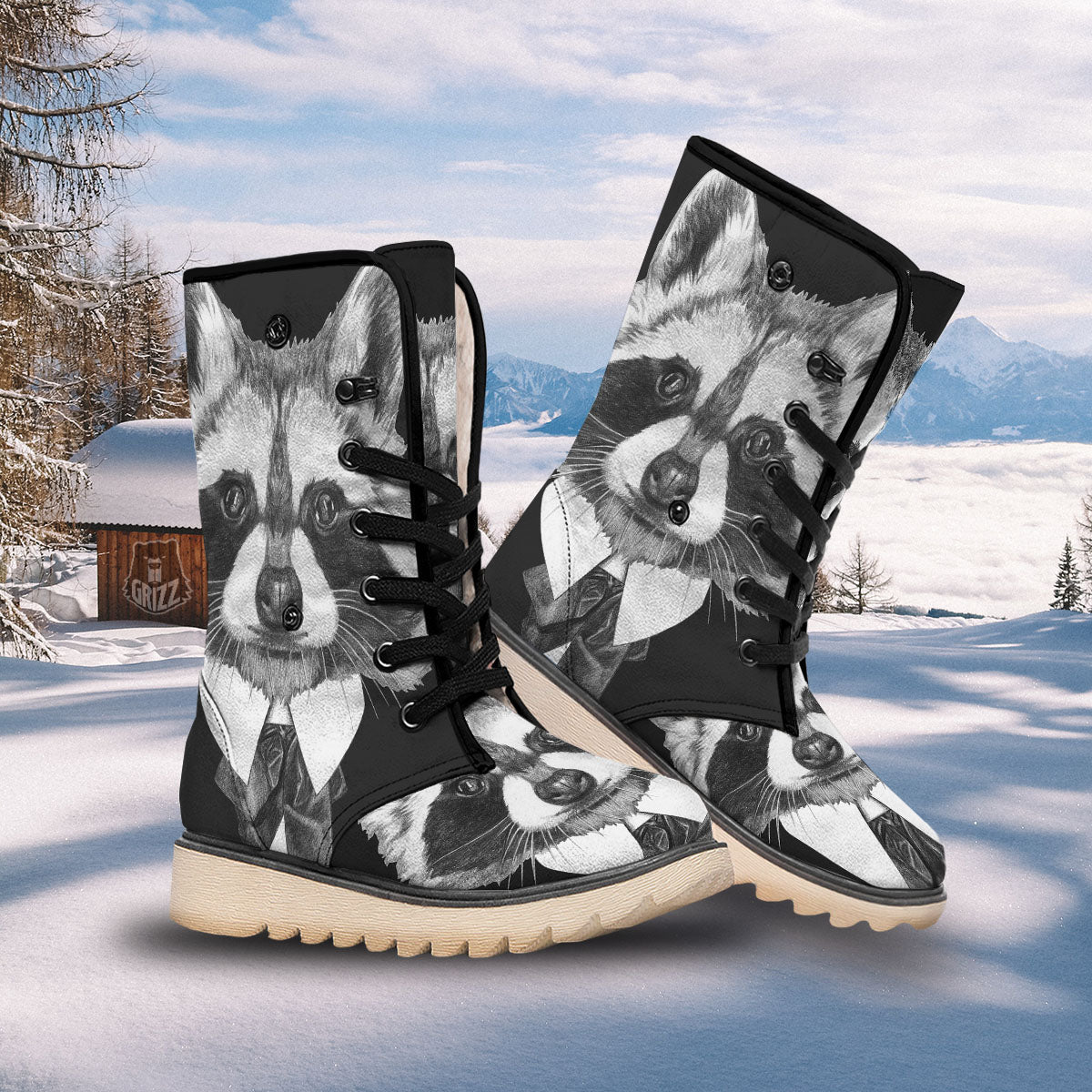 Portrait Raccoon Print Snow Boots-grizzshop
