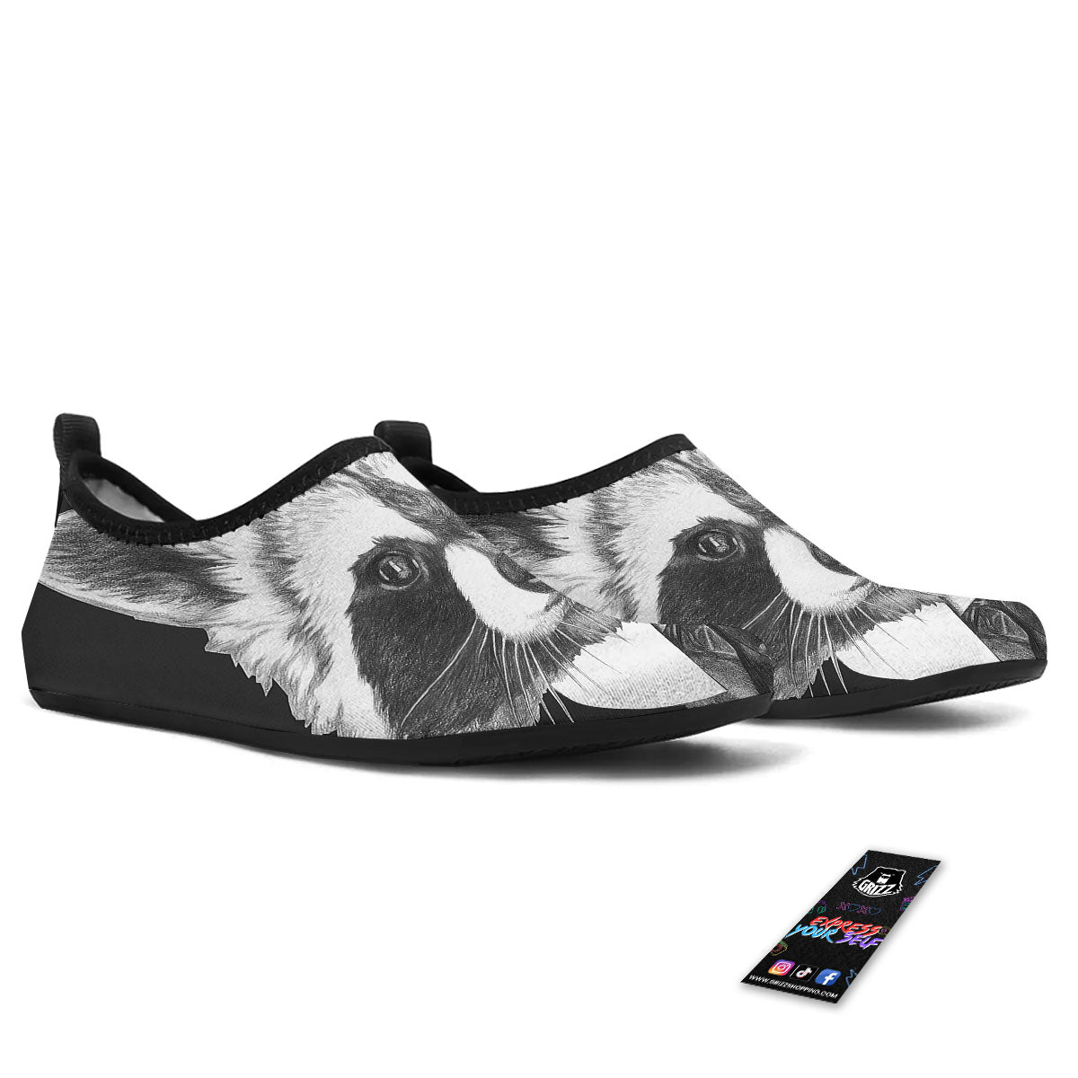 Portrait Raccoon Print Water Shoes-grizzshop