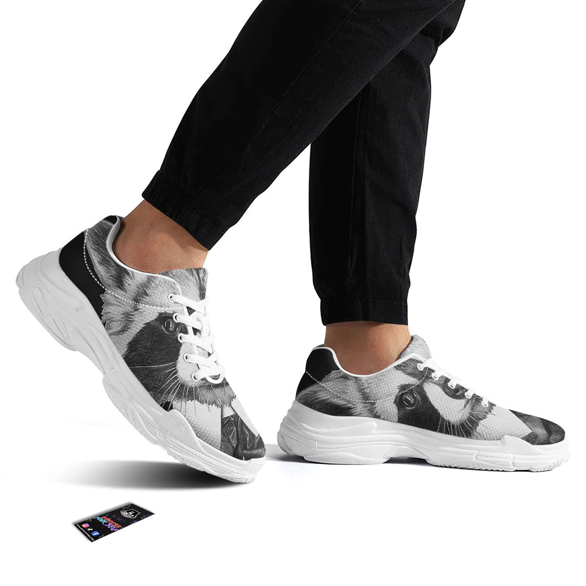 Portrait Raccoon Print White Chunky Shoes-grizzshop