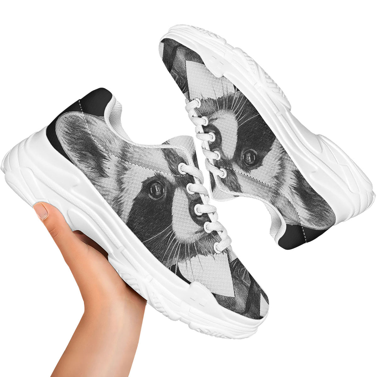 Portrait Raccoon Print White Chunky Shoes-grizzshop