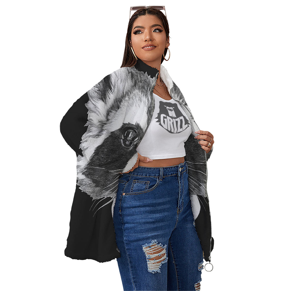 Portrait Raccoon Print Women's Sherpa Jacket-grizzshop