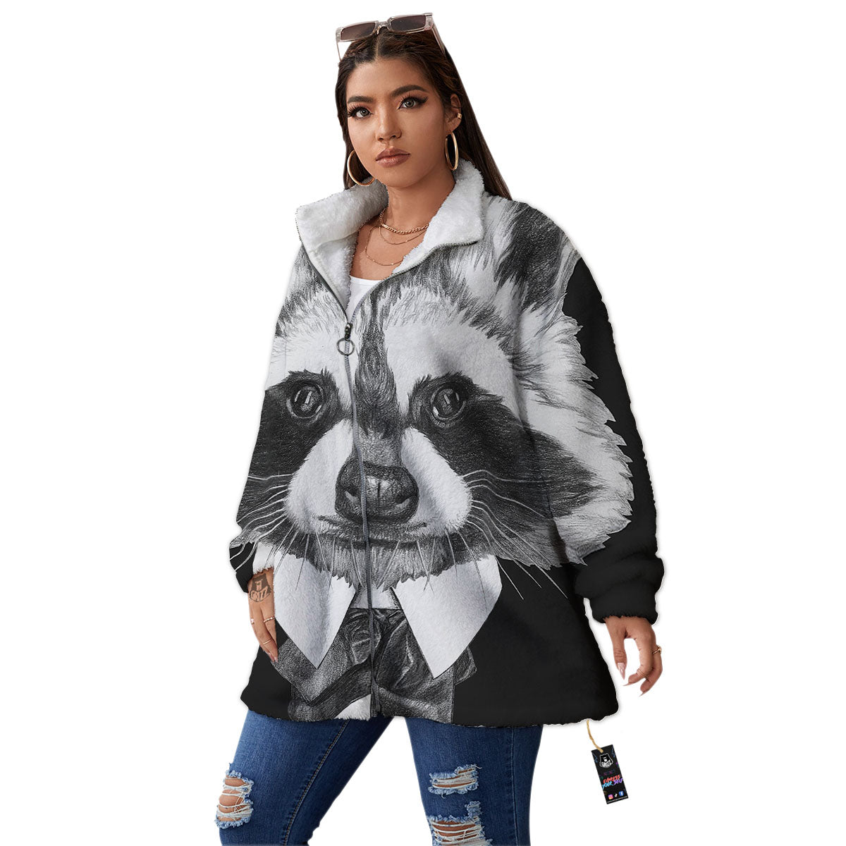 Portrait Raccoon Print Women's Sherpa Jacket-grizzshop