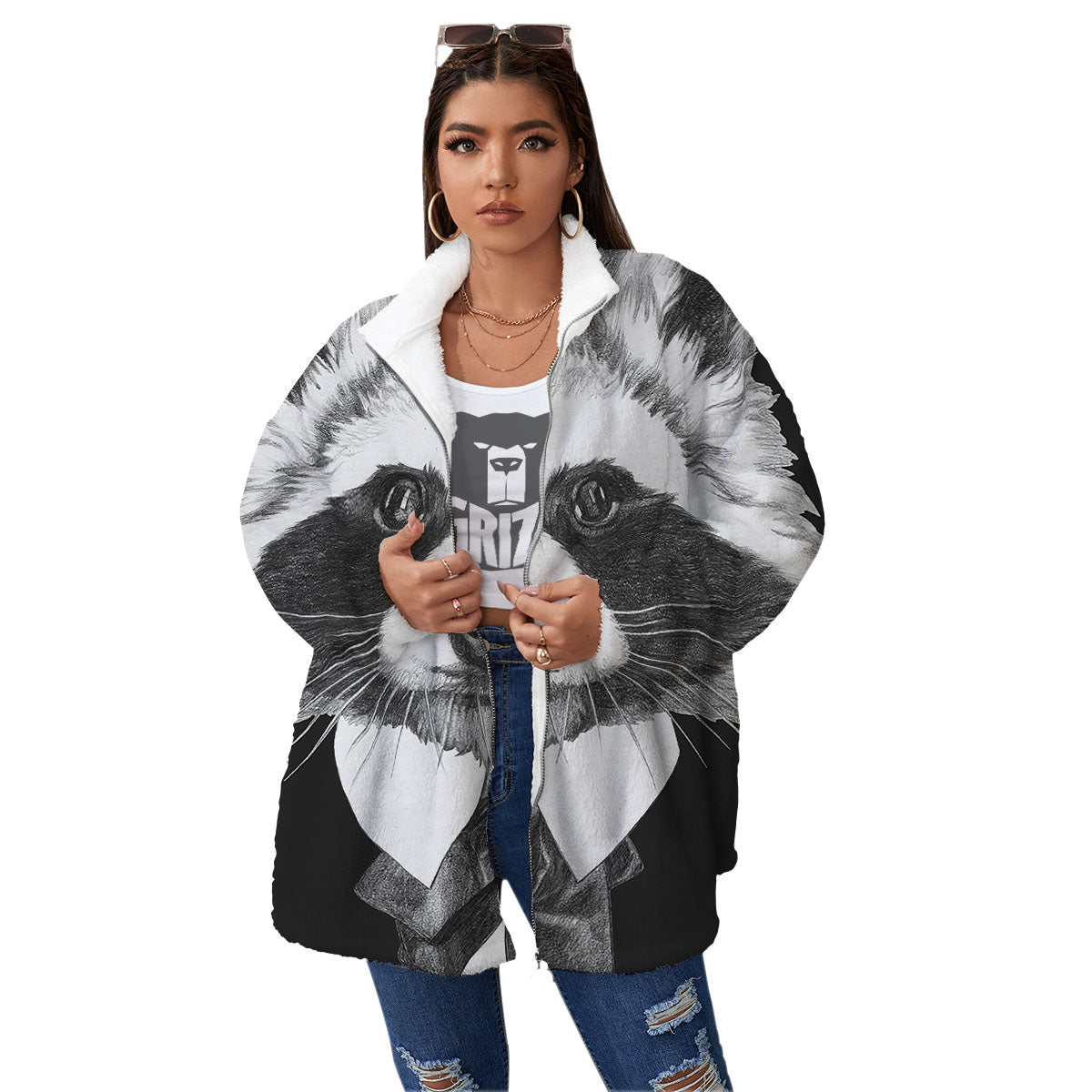 Portrait Raccoon Print Women's Sherpa Jacket-grizzshop