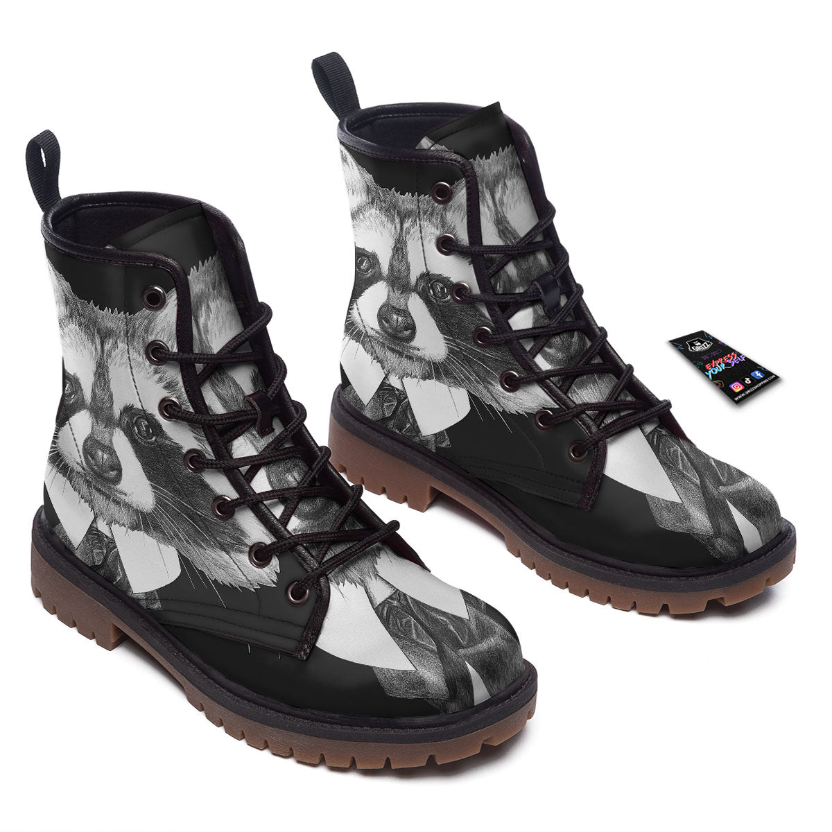 Portrait Raccoon Print Work Boots-grizzshop