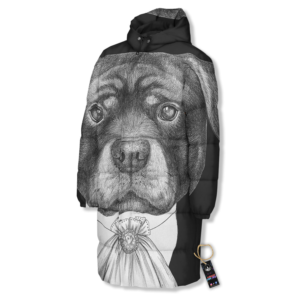 Portrait Rottweiler Vintage Print Long Down Jacket-grizzshop