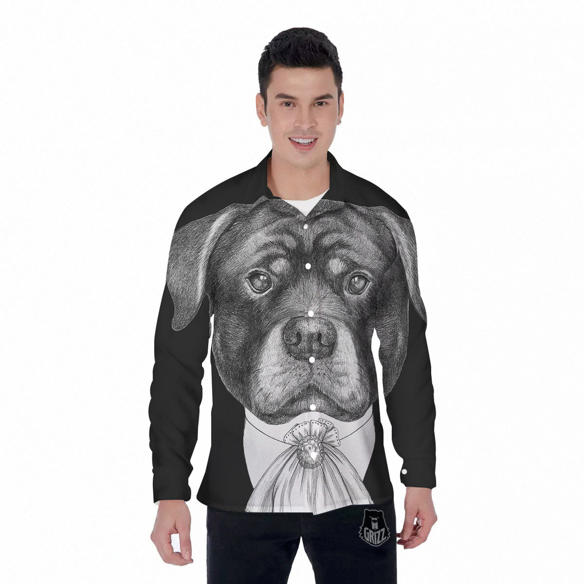 Portrait Rottweiler Vintage Print Men's Long Sleeve Shirts-grizzshop
