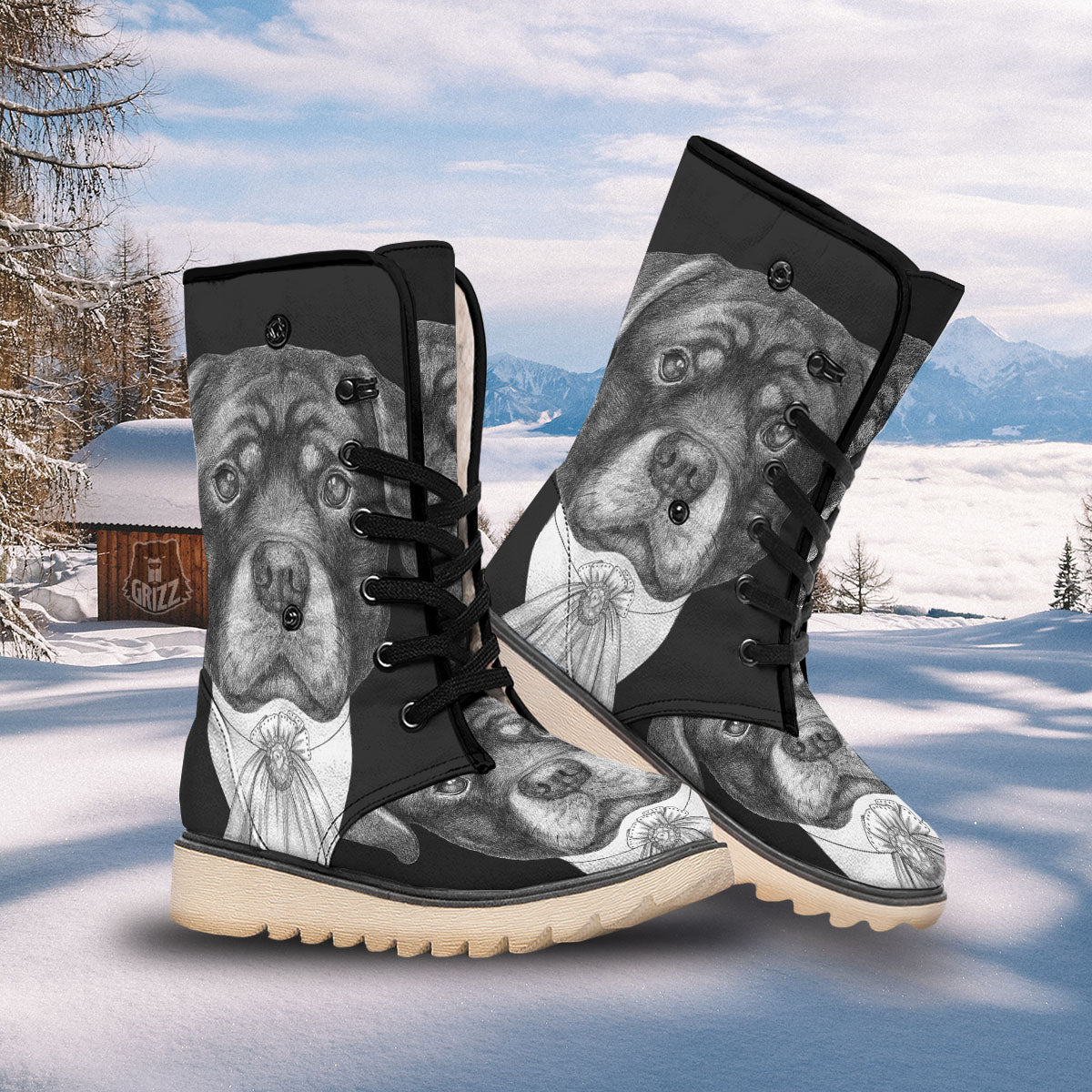 Portrait Rottweiler Vintage Print Snow Boots-grizzshop