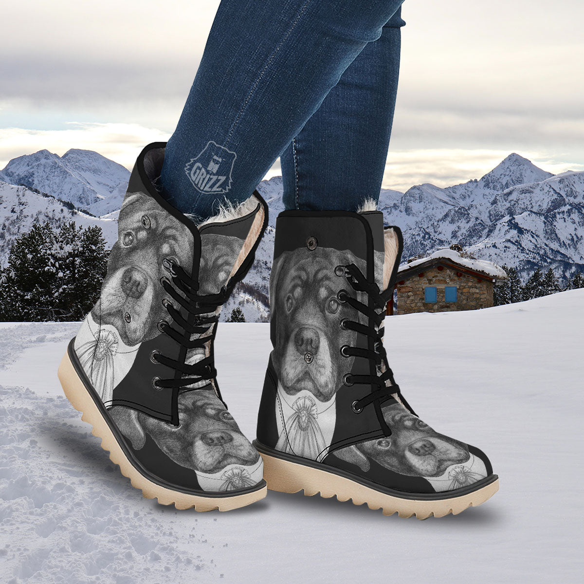 Portrait Rottweiler Vintage Print Snow Boots-grizzshop