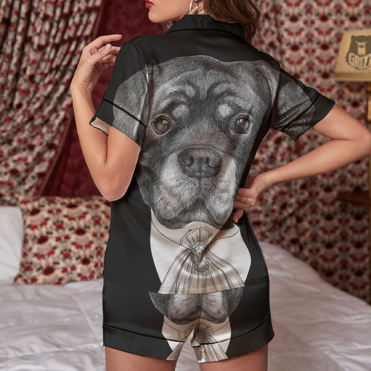 Portrait Rottweiler Vintage Print Women Silk Pajamas-grizzshop