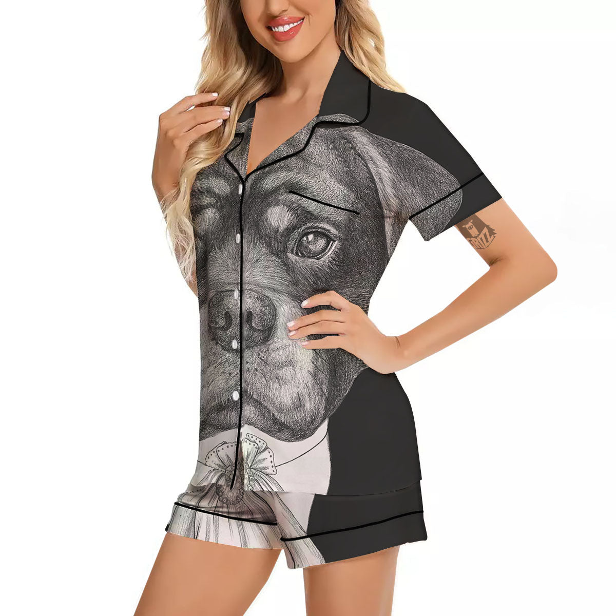 Portrait Rottweiler Vintage Print Women Silk Pajamas-grizzshop
