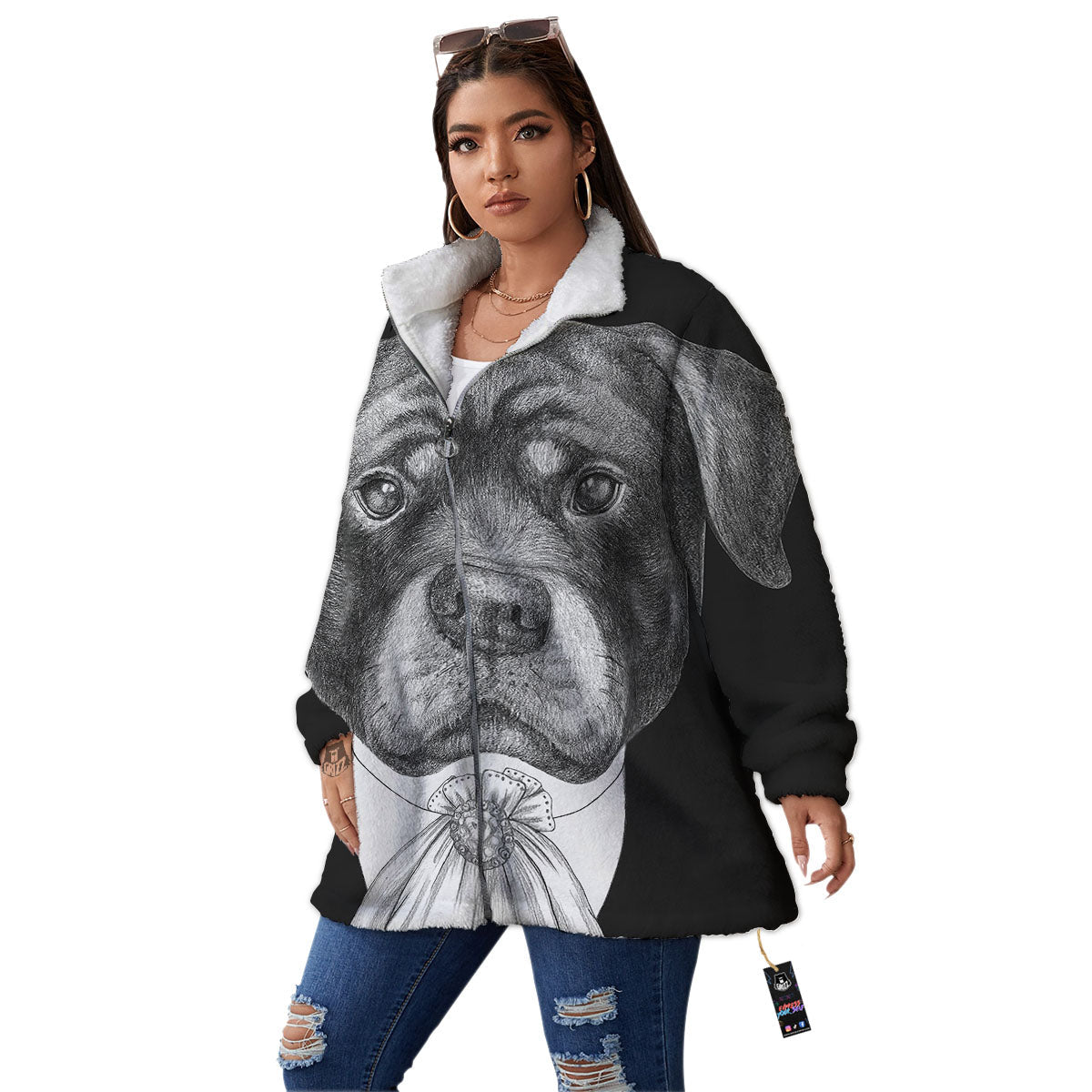 Portrait Rottweiler Vintage Print Women's Sherpa Jacket-grizzshop