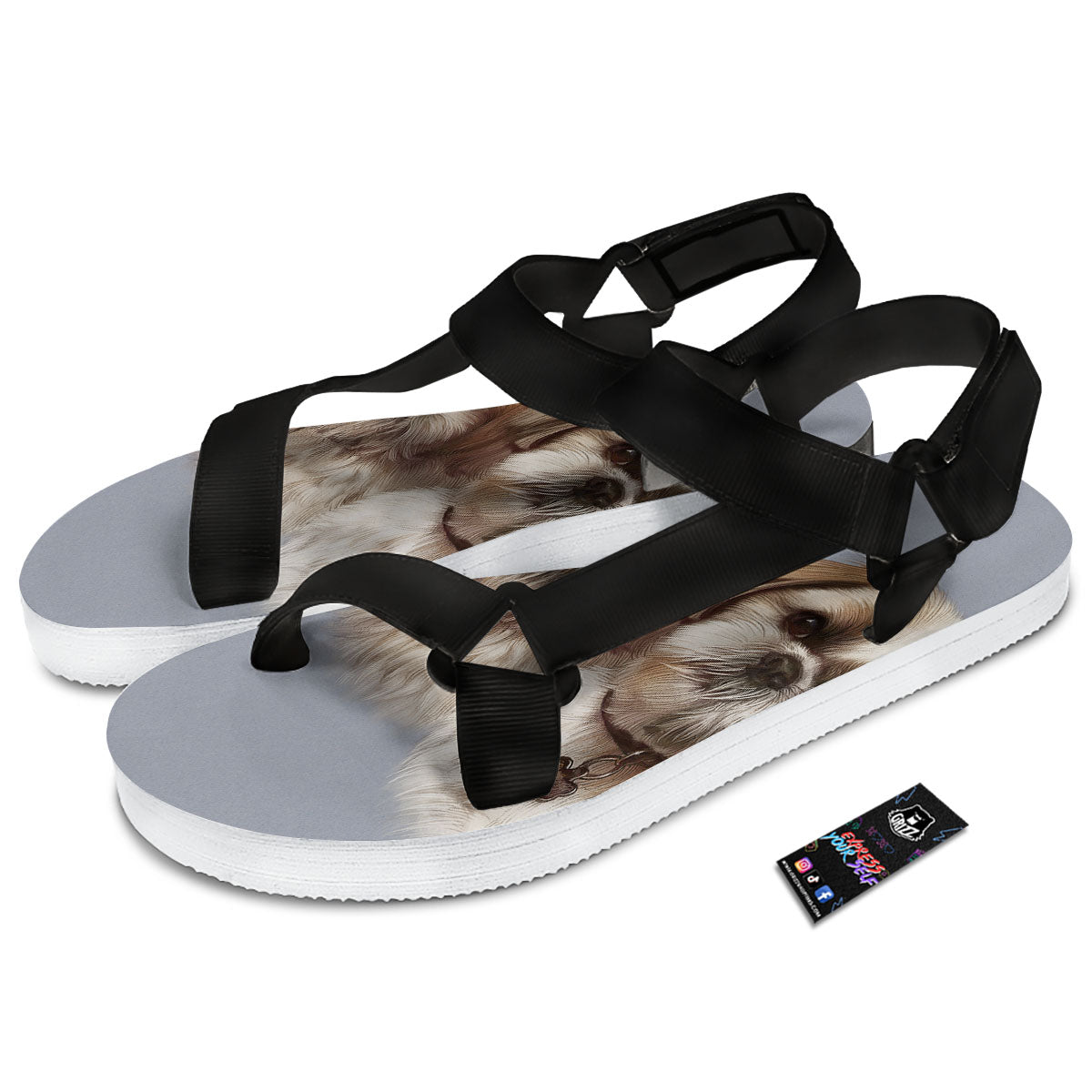 Portrait Shih Tzu Print Black Open Toe Sandals-grizzshop