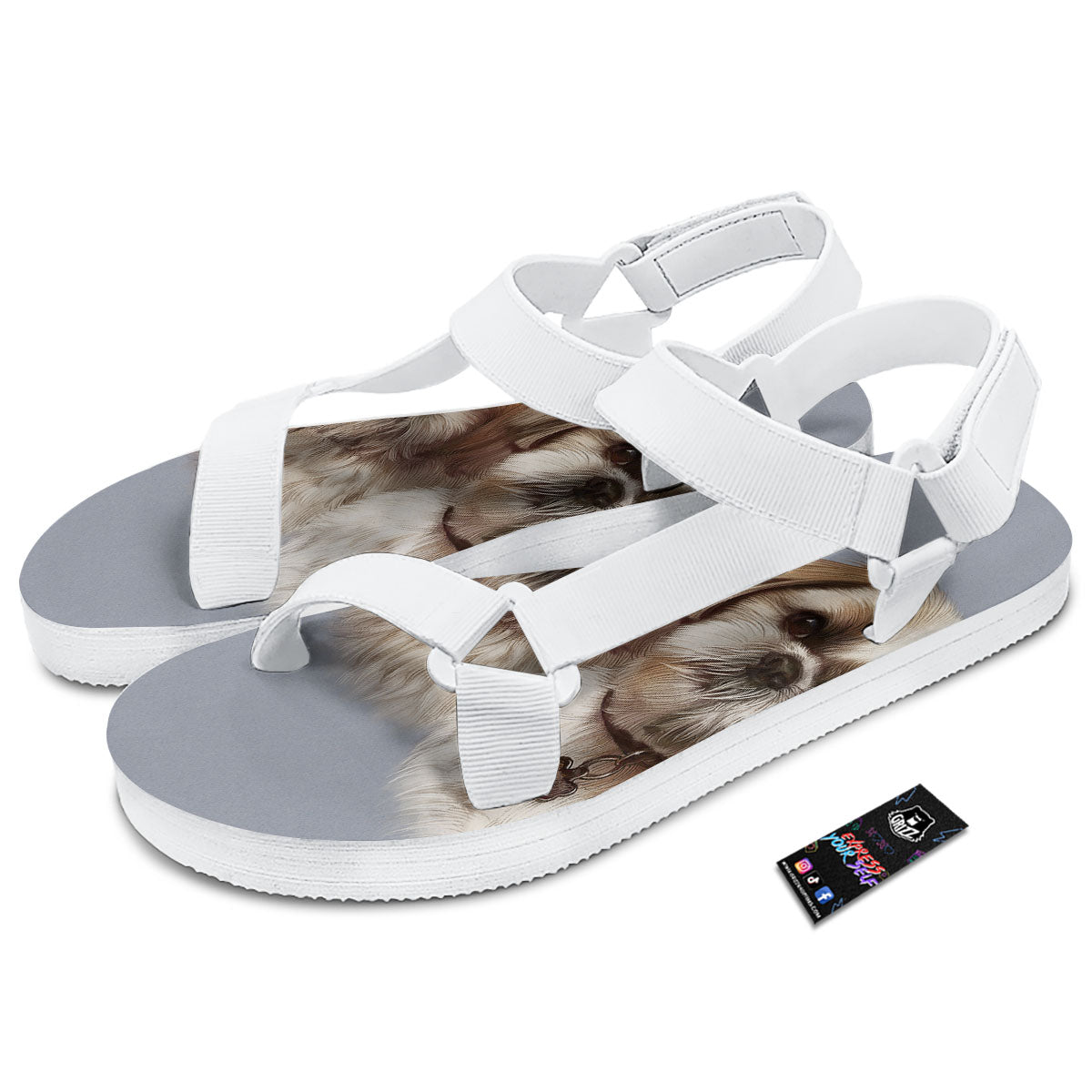 Portrait Shih Tzu Print White Open Toe Sandals-grizzshop