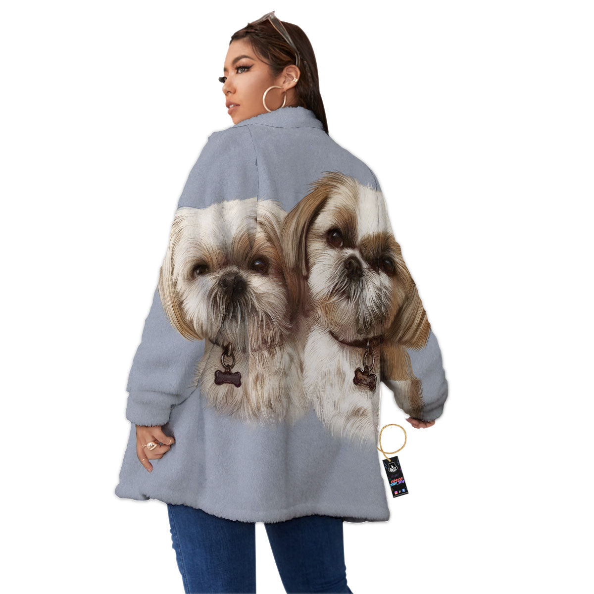 Portrait Shih Tzu Print Women's Sherpa Jacket-grizzshop
